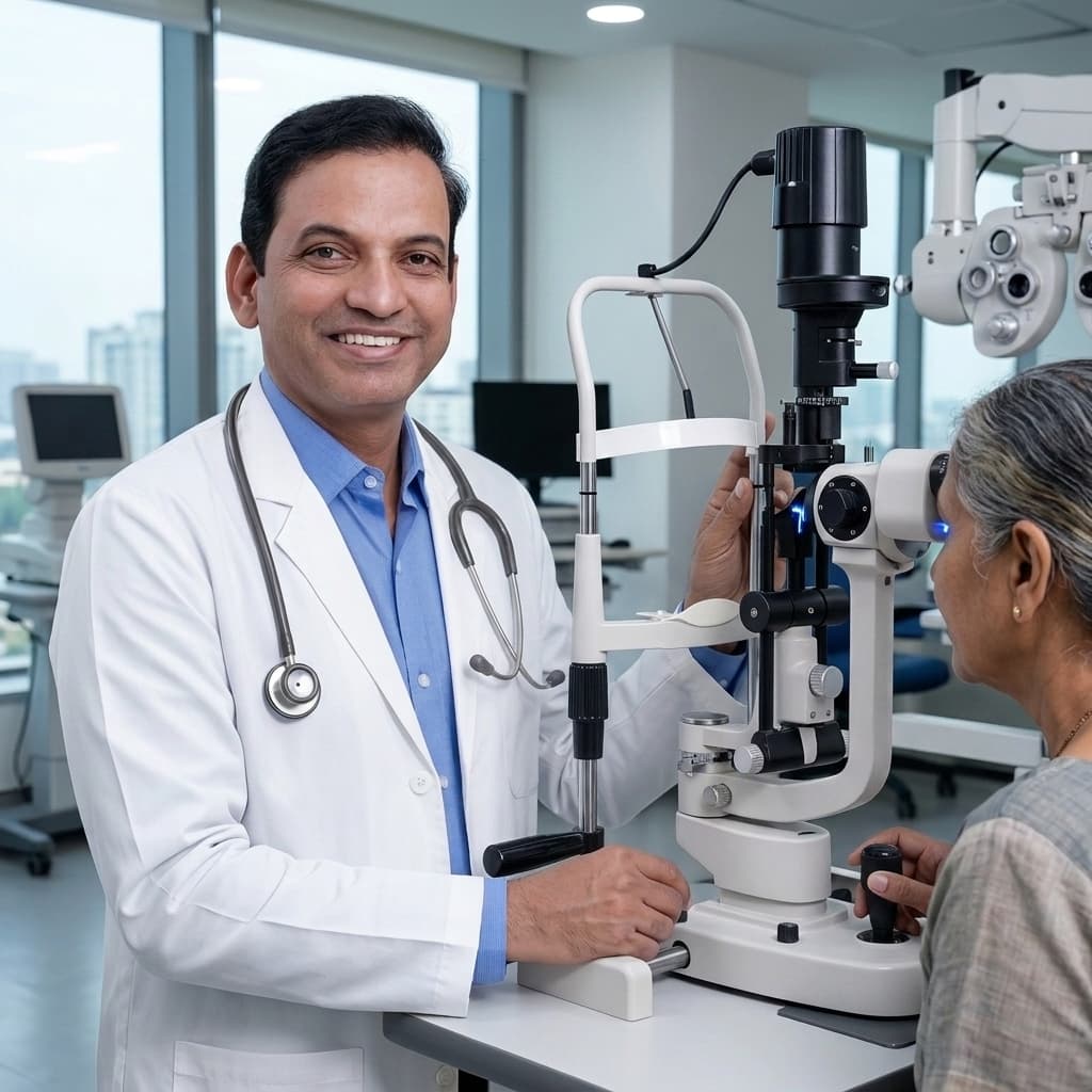 Dr. Y. Singh Senior Ophthalmic Surgeon Patient Examination at Sangam Eye Hospital Gorakhpur